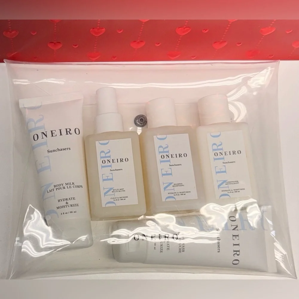 Oneiro Bath and Body 5 Piece Set w/Carry Pouch. TSA Approved. New